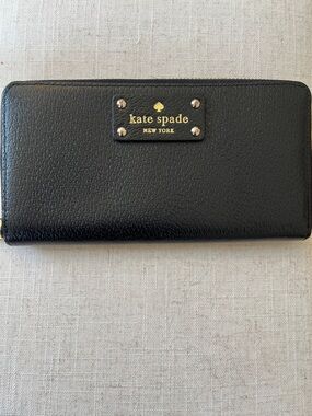 kate spade Black Leather Zip Wallet with Gold Logo